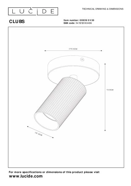 Lucide CLUBS - Plafondspot - 1xGU10 - Zwart - technisch